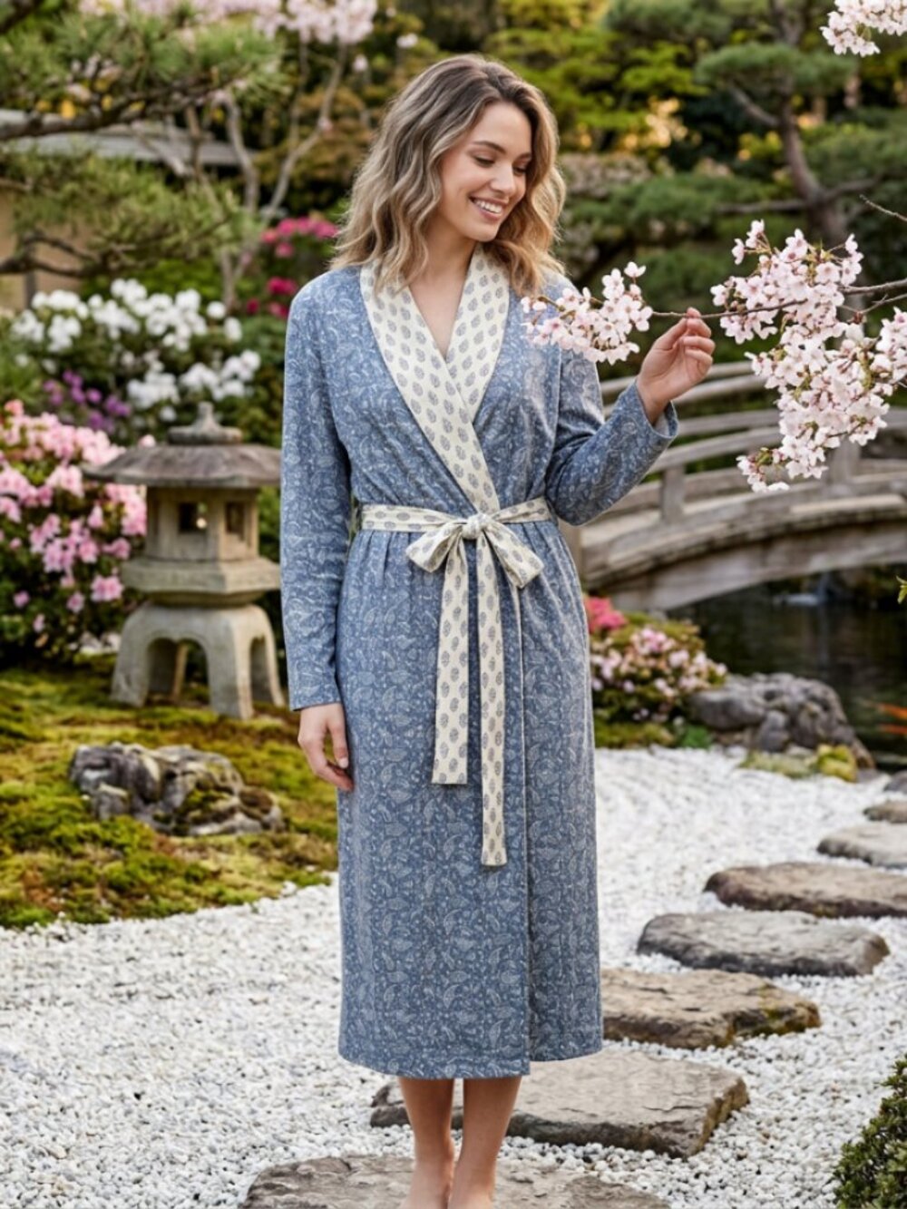 J. JILL sleep Ultrasoft Shawl Collar Blue Cream Paisley Robe
